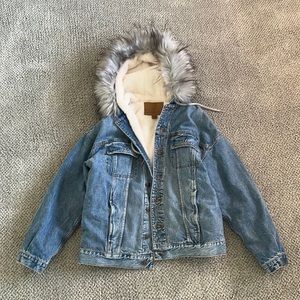 American Eagle Sherpa lined inner jean jacket with faux fur hood